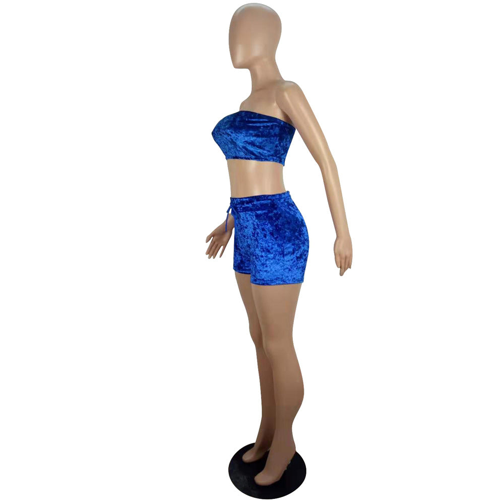 Women's Spring And Summer Style Slim-Fitting Strapless Velvet Crop Top Shorts Two-Piece Set 6