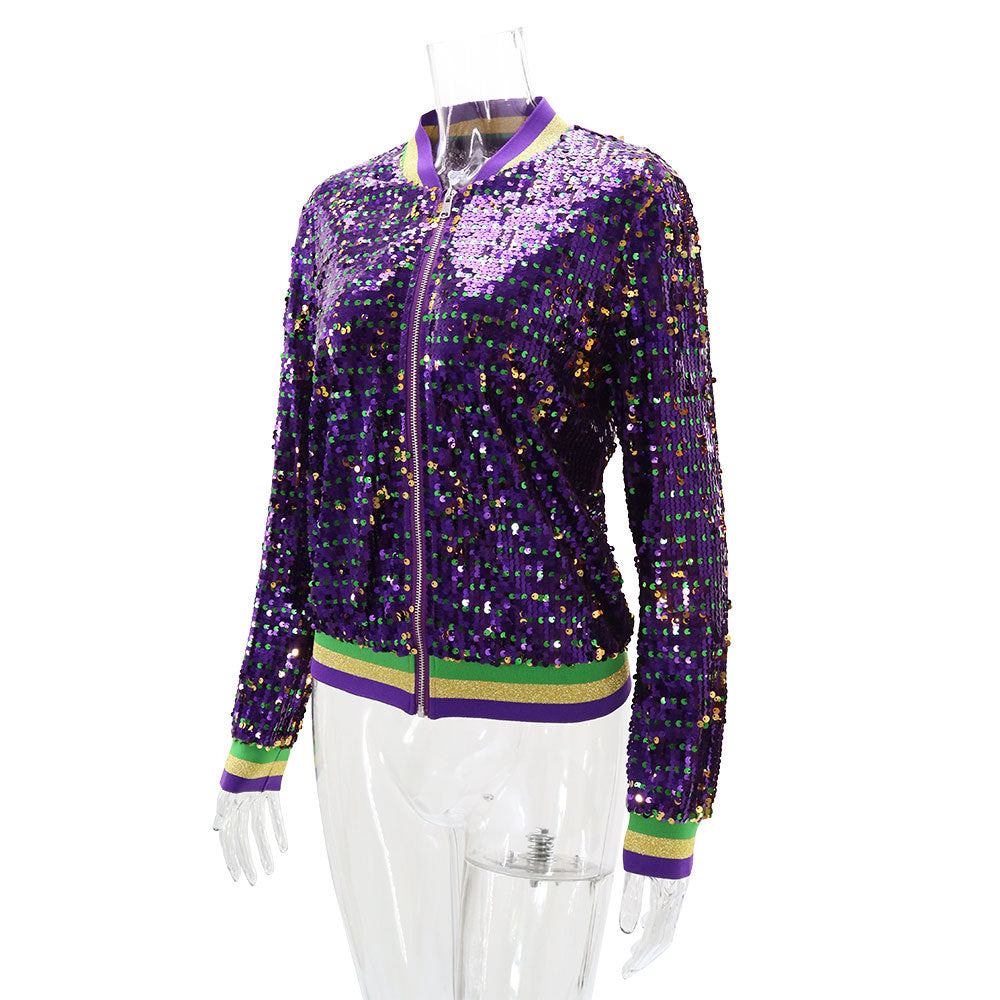 Women Long Sleeve Sequined Fashion Trendy Baseball Jacket 10