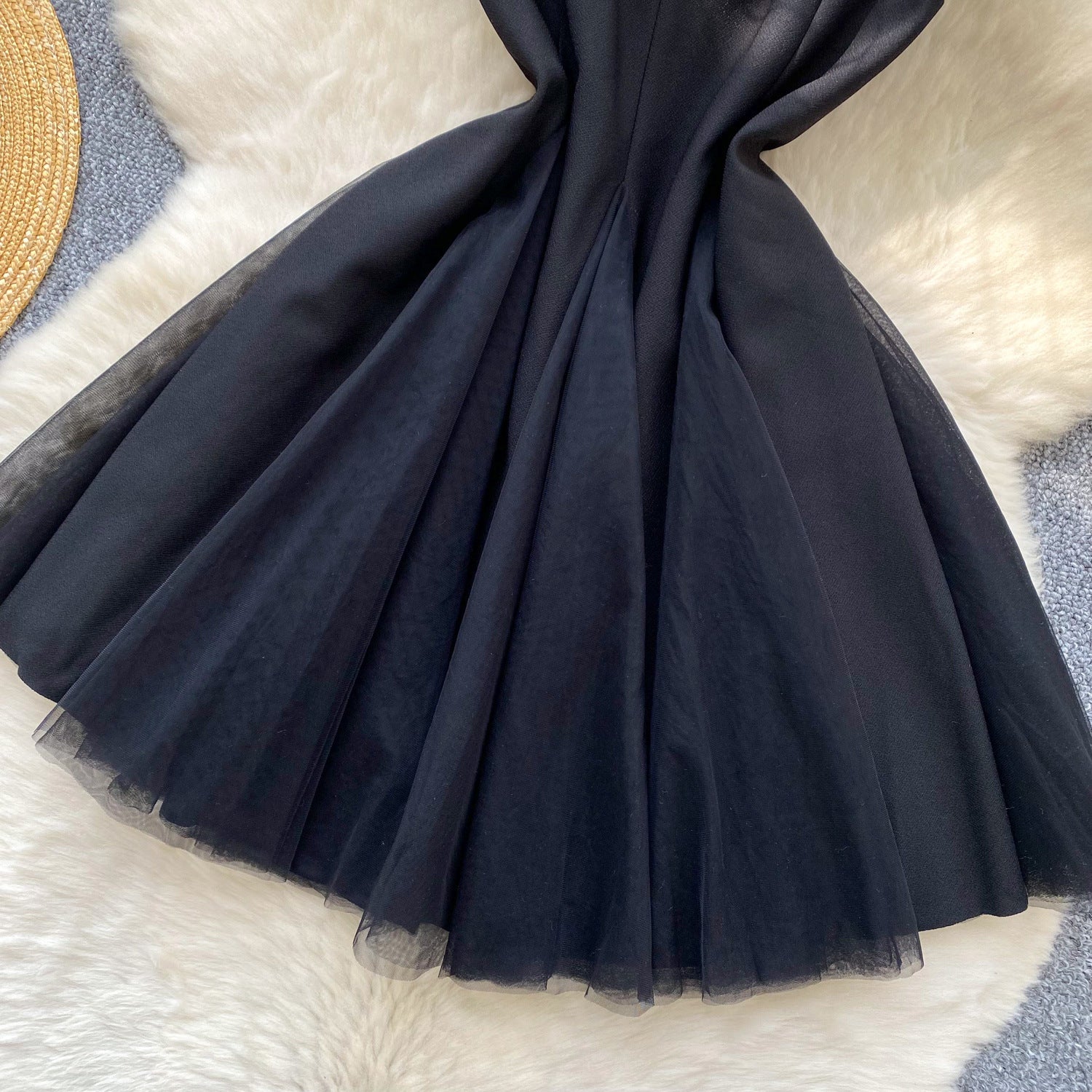 Women's Summer Square Neck Strap Mesh Patchwork Puffy Long Dress 23