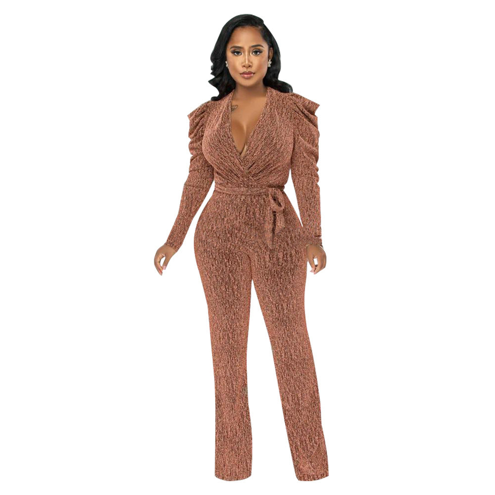 Women'S Sexy Slim Waist V Neck Puff Sleeve Shiny Knitting Jumpsuit 4