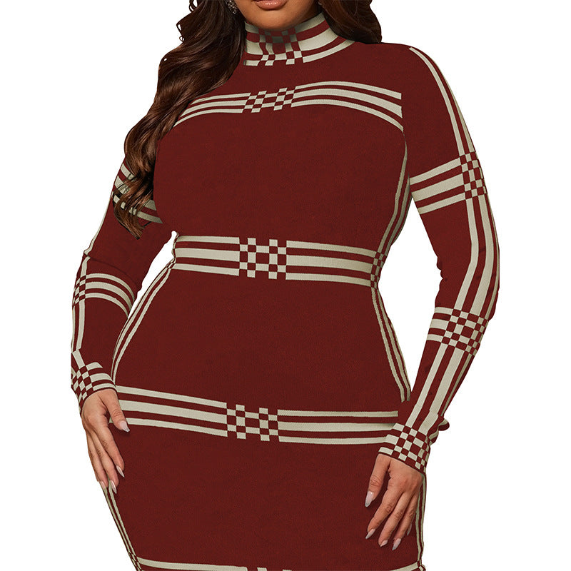 Plus Size Winter Women High Neck Long Sleeve Dress 11