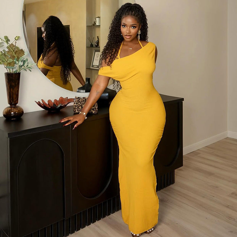 Women's Chic Elegant Halter-Neck Low-Back Solid Color Slit Maxi Dress