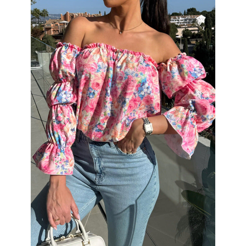 Off-Shoulder Solid Color Sexy Floral Print Long-Sleeve Shirt 9