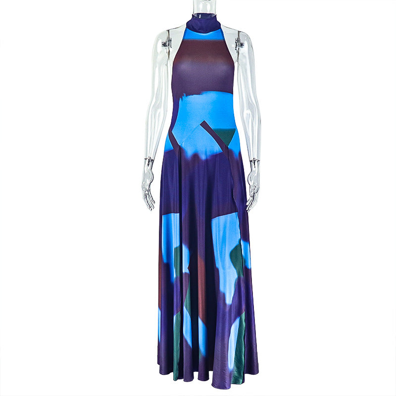 Women's Fashion Print Halter Low Back Sleeveless Color Matching Maxi Dress 8