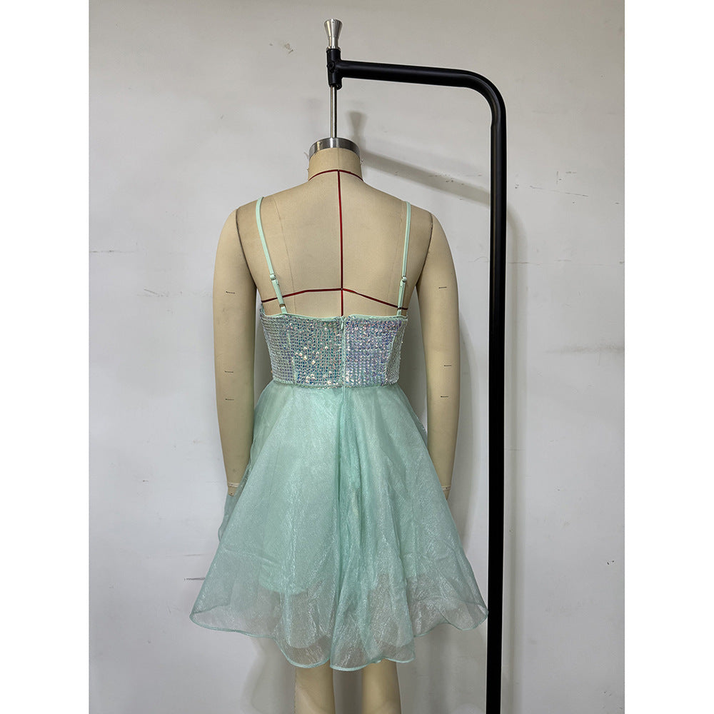 Women summer sequin patchwork sling party formal party dress 7