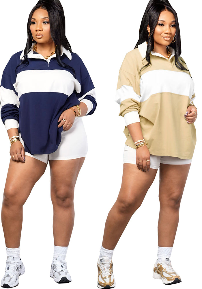 Women's Contrast Color Long Sleeve Polo Shirt Spring Summer Turndown Collar Solid Color Shorts Set