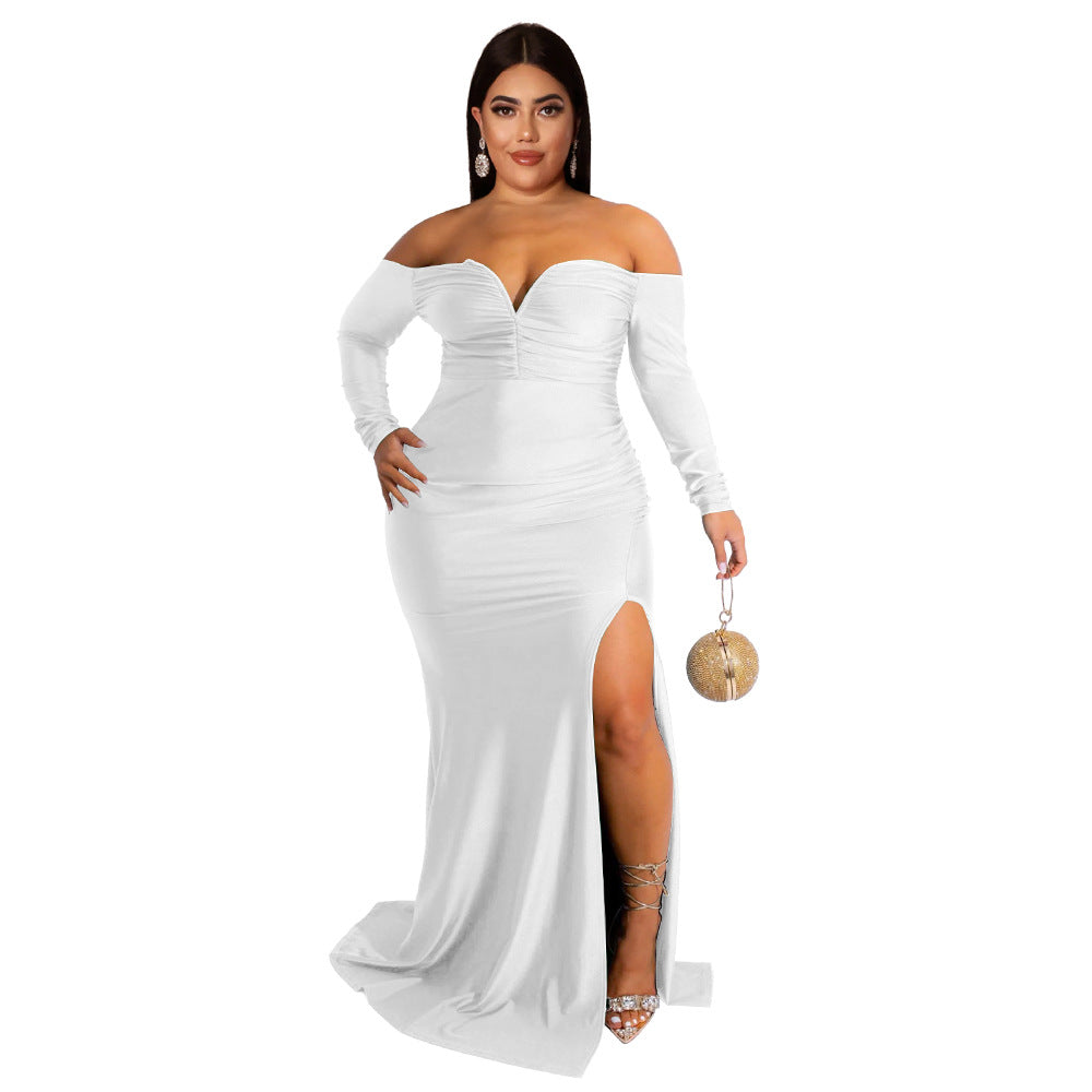 Autumn And Winter Plus Size Women'S Sexy Dress V Neck Solid Color Split Long Nightclub Dress 10