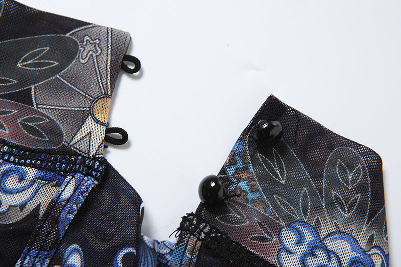 Women Summer Street Trend Mesh See-Through Print Backless Jumpsuit 22