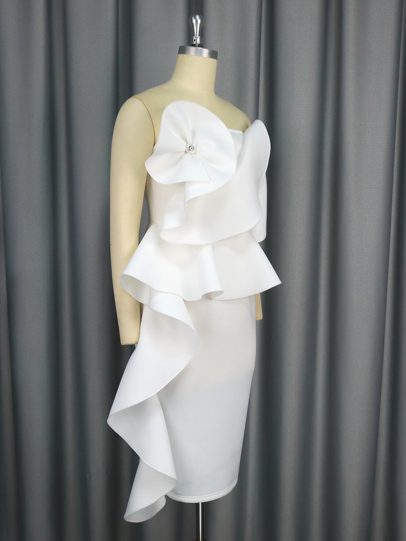 Women Sexy Strapless Lotus Leaf Lace Elegant Bodycon Dress 7