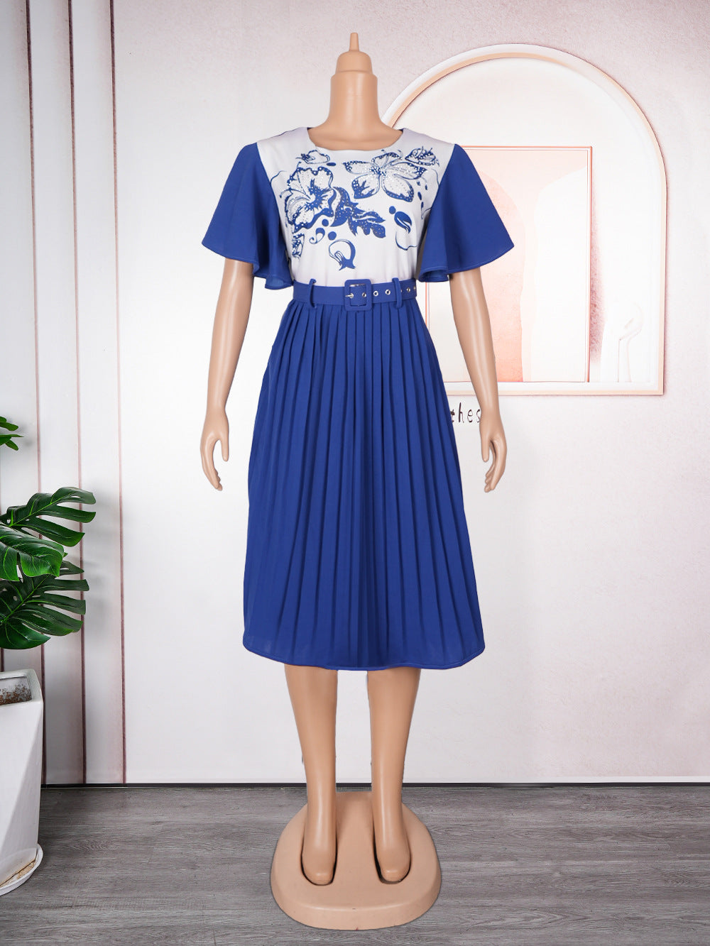 African Women's Printed Mother Of The Bride Dress Plus Size Pleated Dress With Belt 20