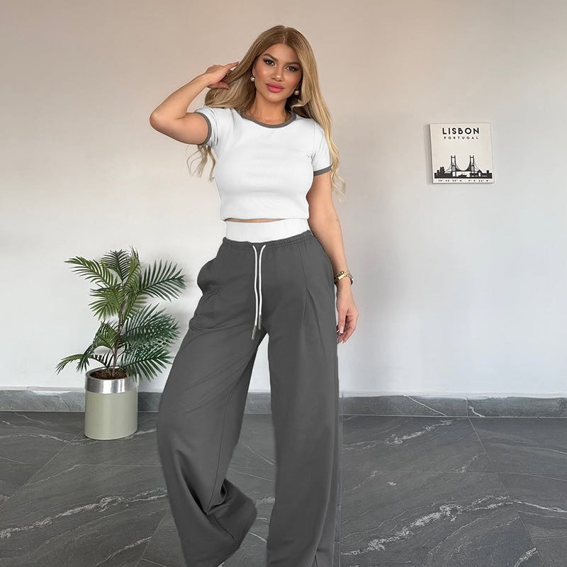 Women's Summer Color-Blocked Round Neck Short Sleeve Casual Pants Set 4