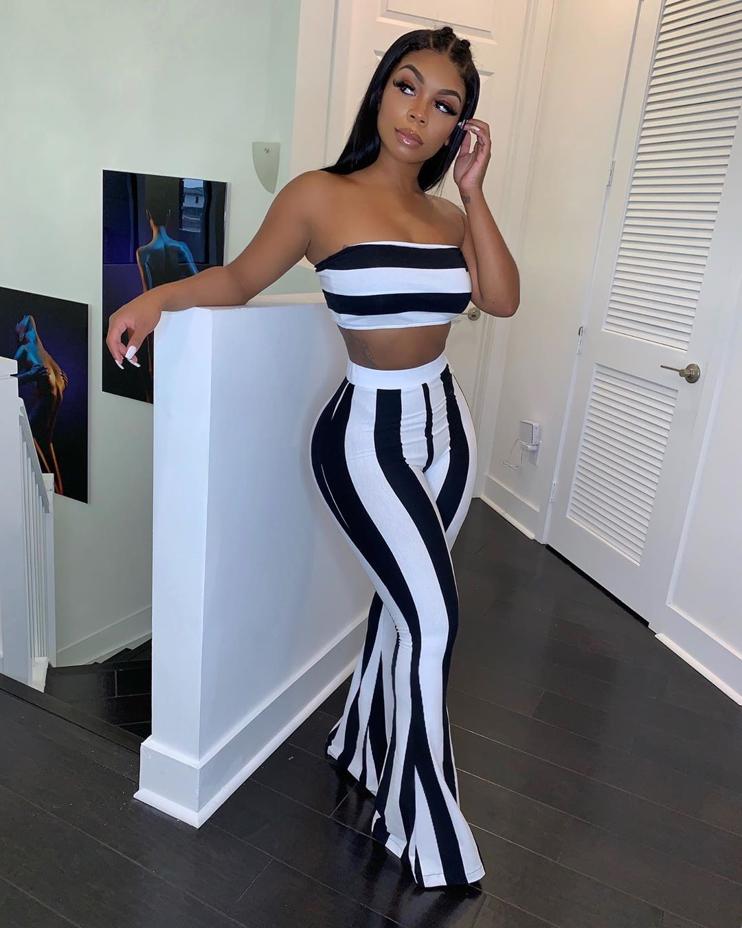 Spring Striped Strapless Crop Top Bell Bottom Pants Set 3