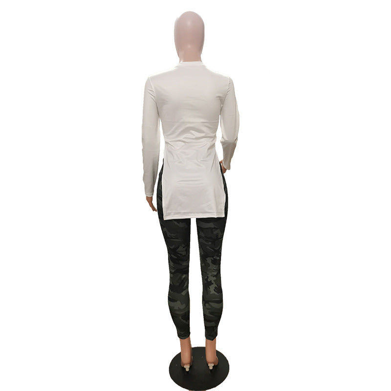 Women Letter Print Split Long Sleeve Top and PantTwo Piece Set 10