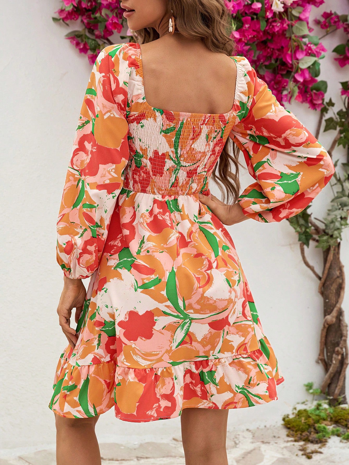 Spring, Summer And Autumn Chic Flower Printed Long-Sleeved Women's Pleated Dress