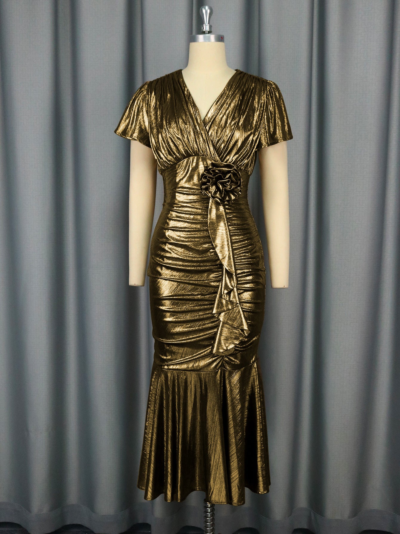 Women sexy v-neck pleated fishtail Formal Party Dress 3