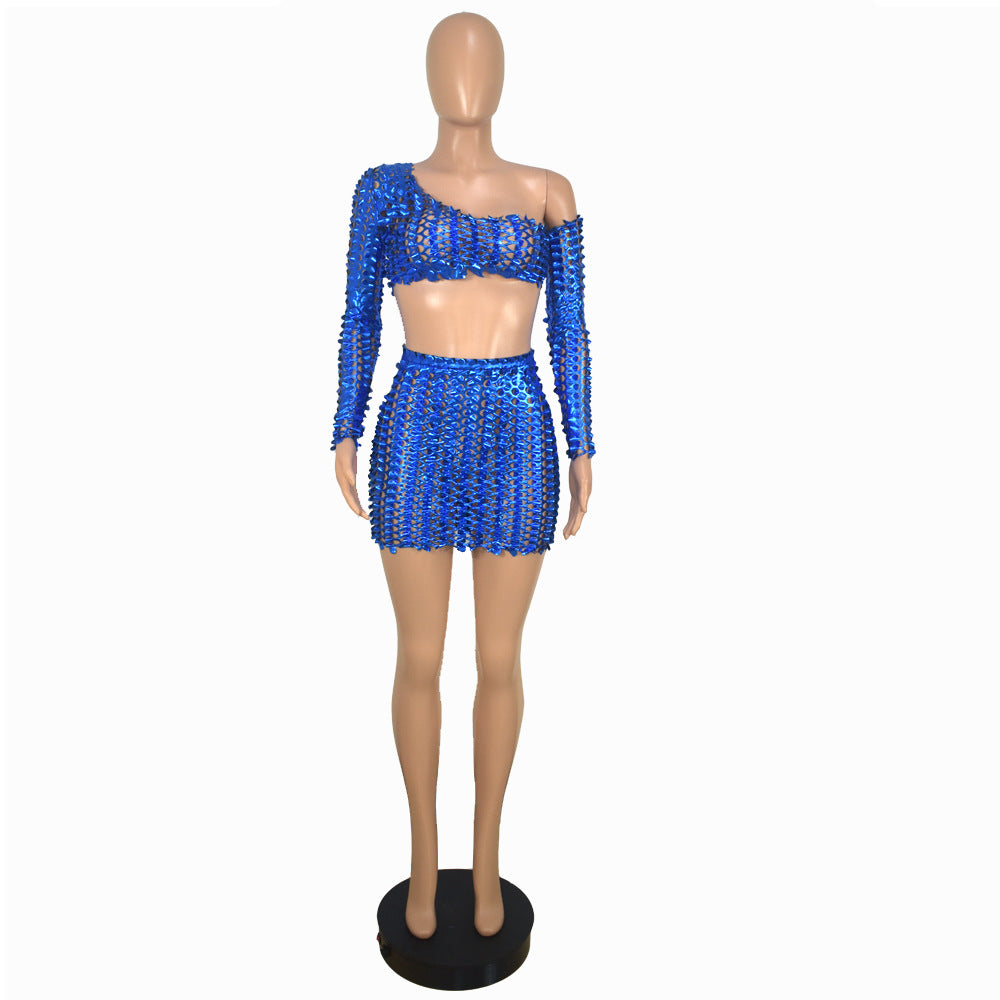 Women Sexy Mesh Hollow Hollow Long Sleeve Crop Top + Skirt Two Piece Set 18
