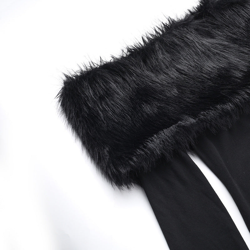Women Fall Elegant Off Shoulder Fur Collar Dress 6