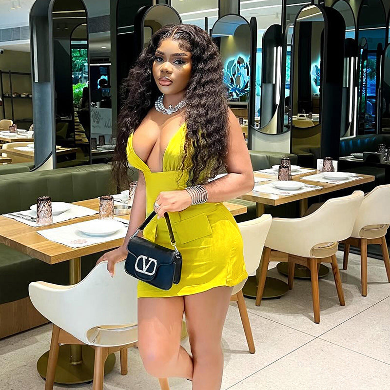 Sexy V-Neck Fake Pocket Summer Slim Waist A-Line Dress 6