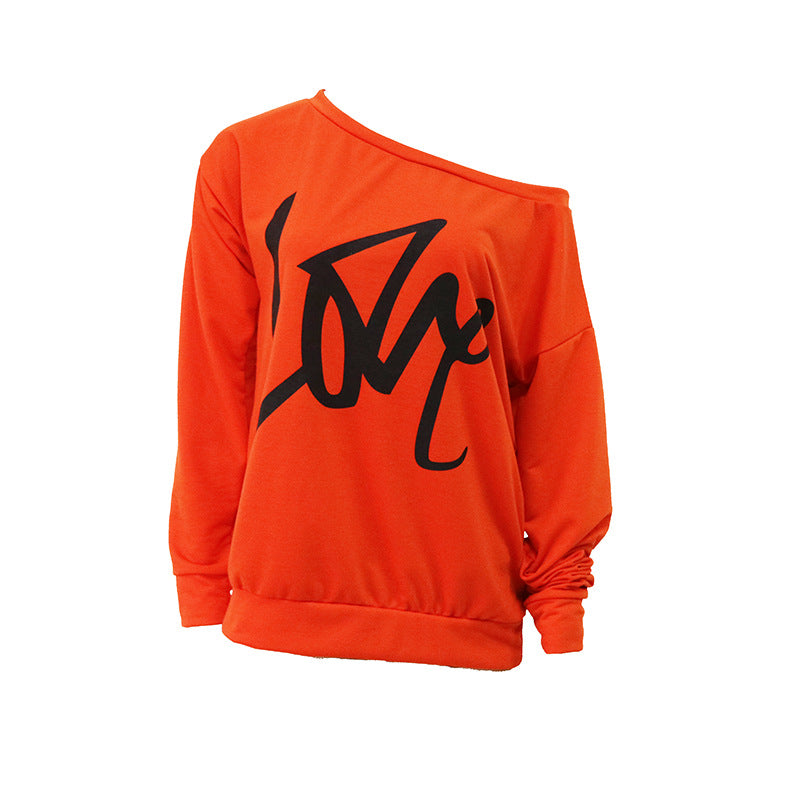 Love Letter Printed Long Sleeve T-Shirt Sexy Off-Shoulder Women's Top 34