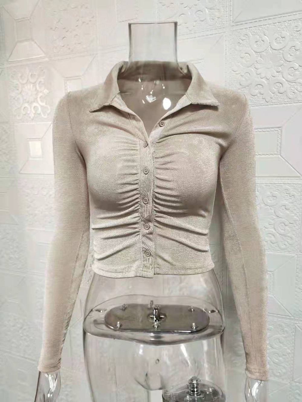 Women Sexy Pleated Turndown Collar Long Sleeve Shirt 17