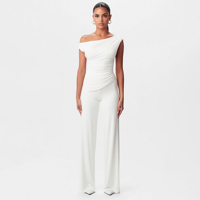 Women's Spring Summer Slash-Shoulder Gathered Waist Top Loose Pants Set 3