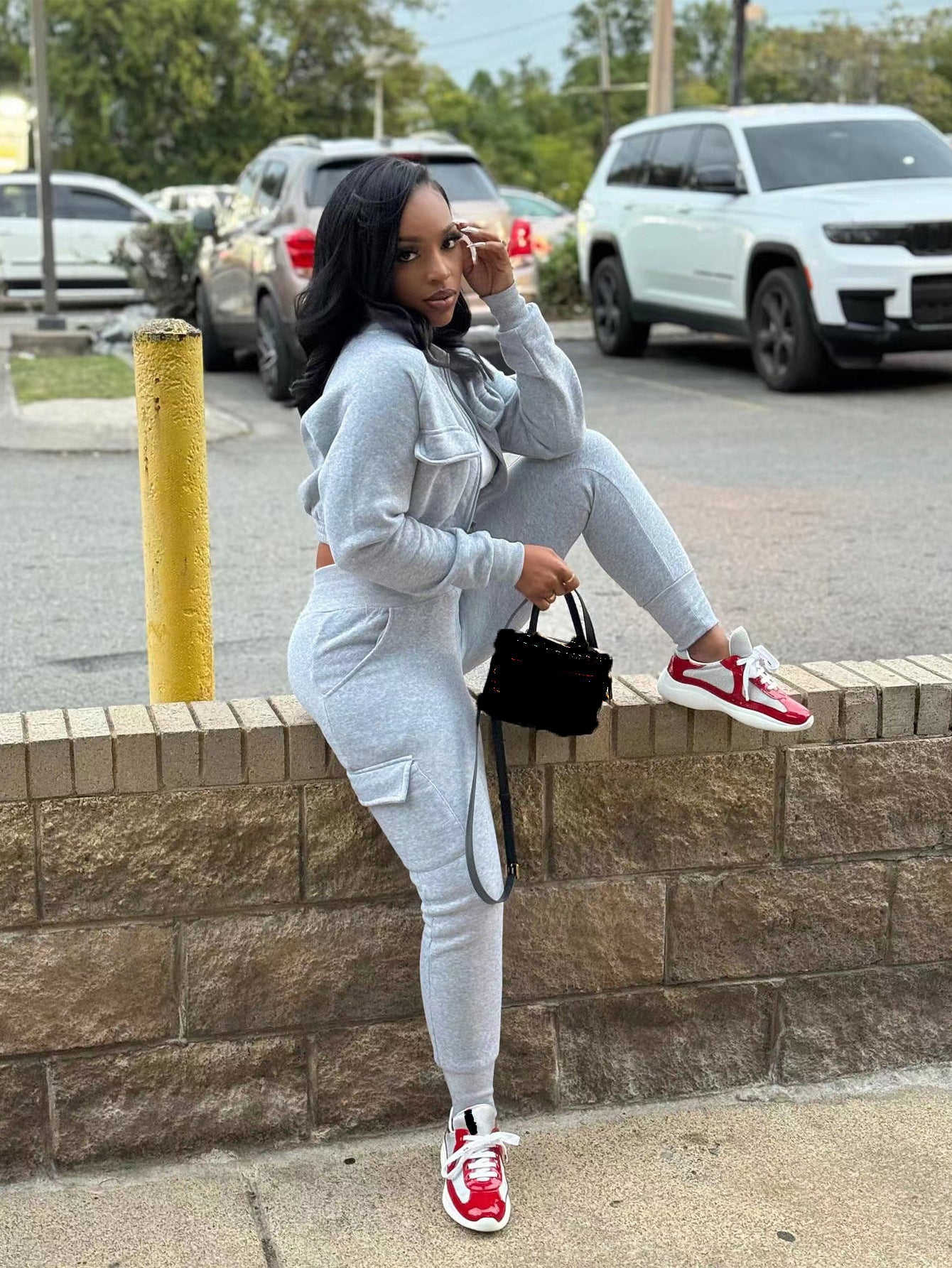 Women Casual Brushed Zipper Patchwork Top and Pants Sports Two-Piece Set 4