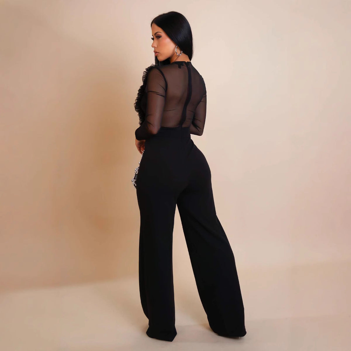 Women Mesh Patchwork Long Sleeve Sports Fitness Jumpsuit 4