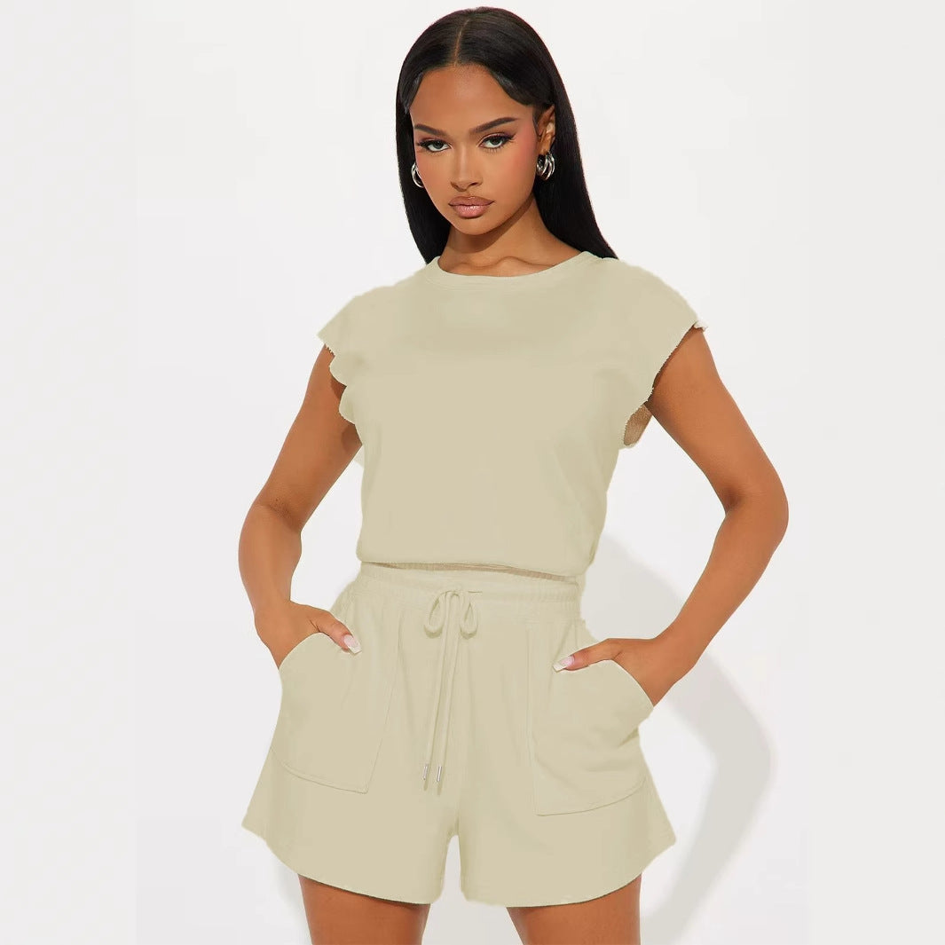 Women's Casual Solid Color Sleeveless Top Drawstring Pocket Shorts Two-Piece Set 3