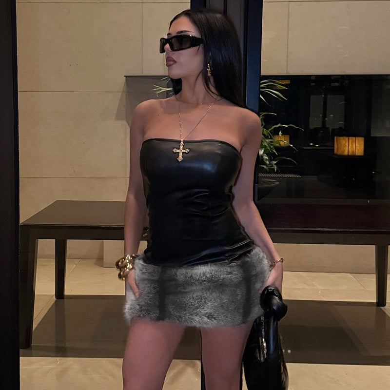 Women sexy Strapless Pu-Leather patchwork fur dress