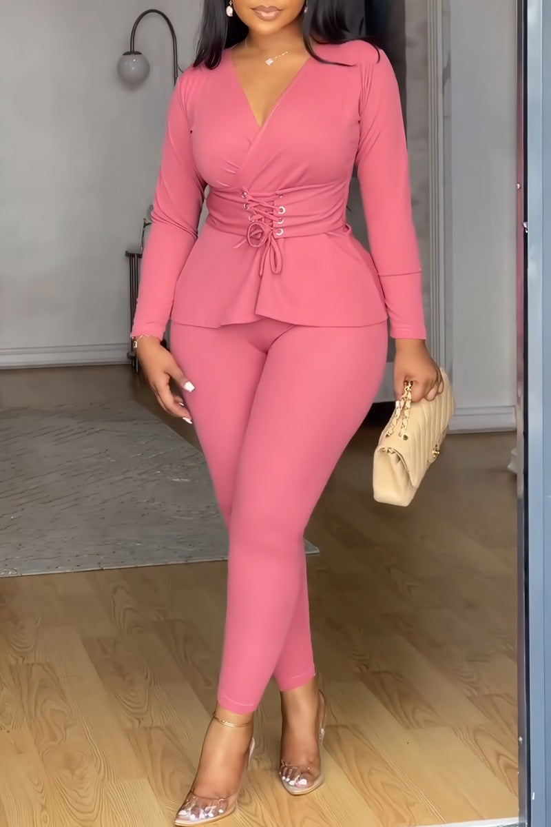 Solid Color V-Neck Slim Waist Long-Sleeved Pants Set 3