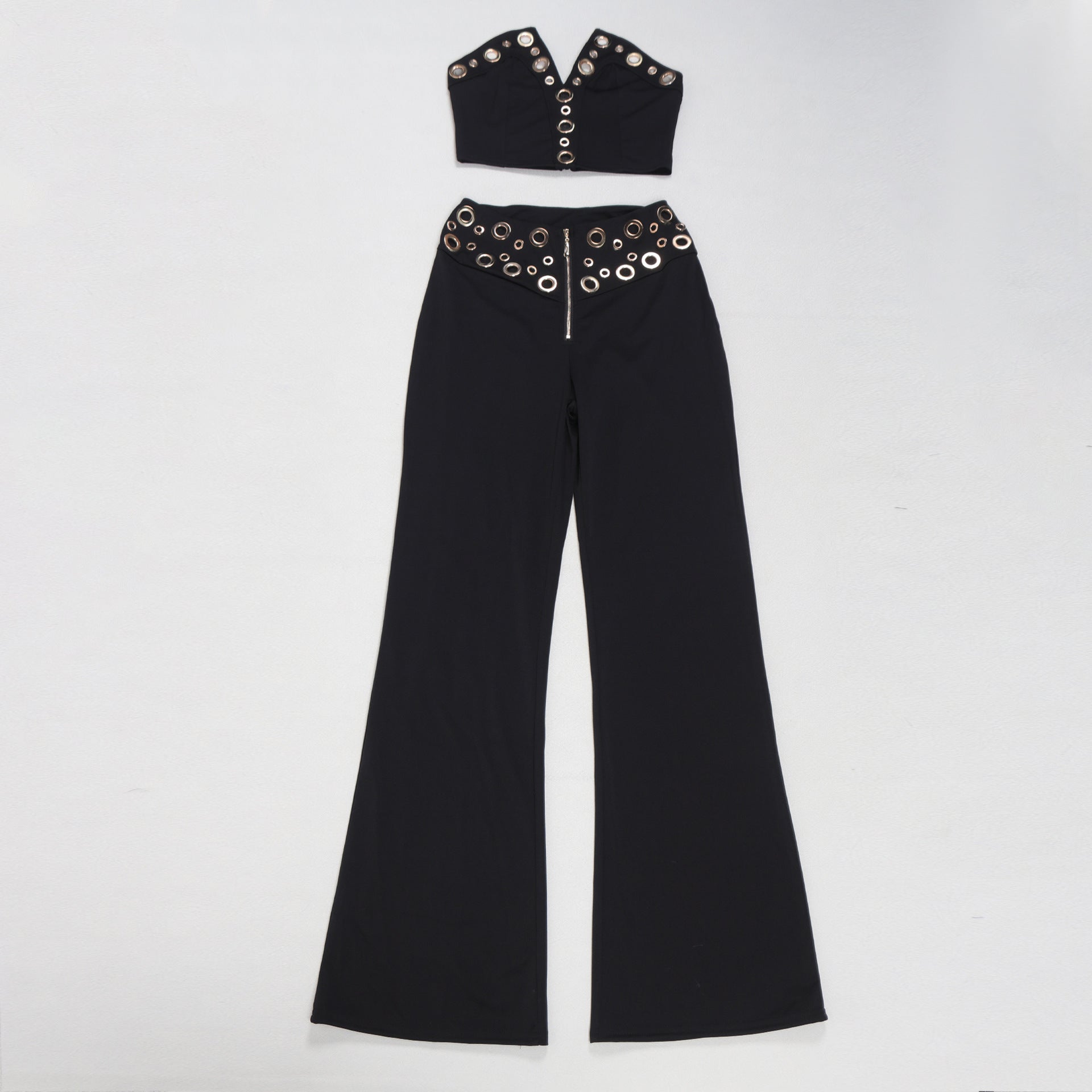 Women elegant elastic metal buckle decorated V-neck Top and Pants two-piece set 46