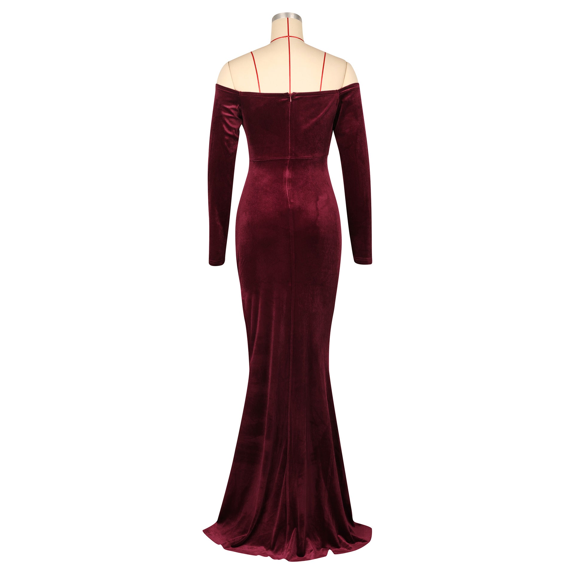 Women's Sexy Solid Color Off Shoulder Long Sleeve Slit Velvet Party Dress 14