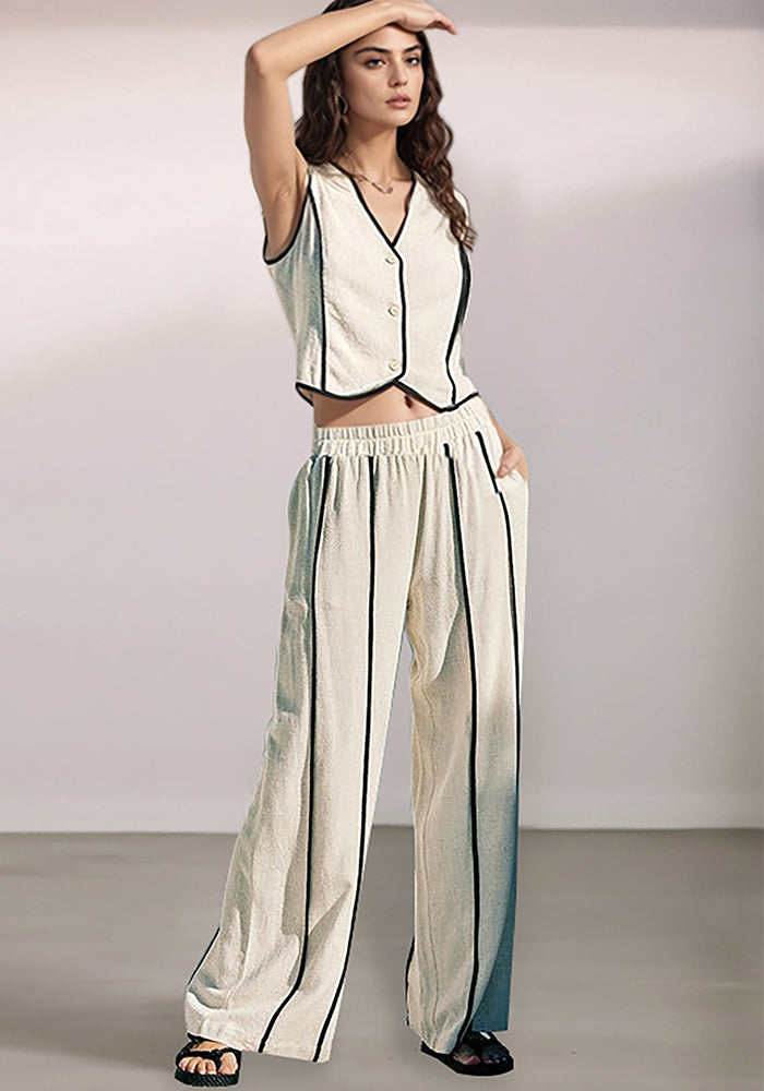 Spring Summer Women's Striped Sleeveless Vest & Loose Wide-Leg Trousers Two-Piece Set
