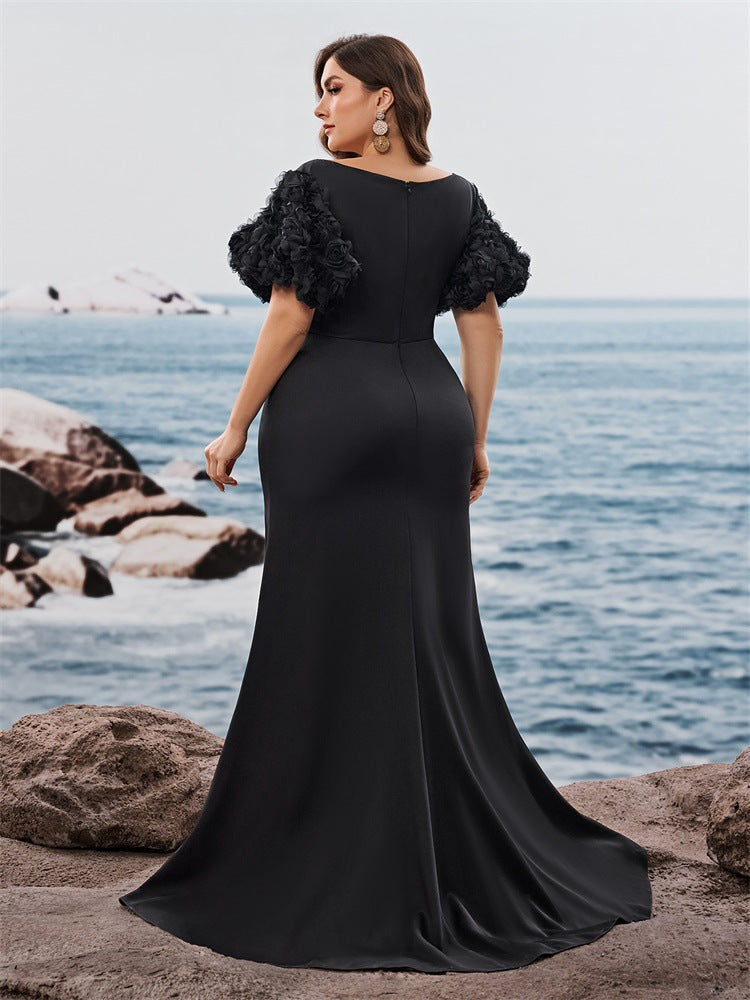 Plus Size Puff Sleeve Evening Dress Formal Party Sexy Slit Chic Mermaid Long Dress 3