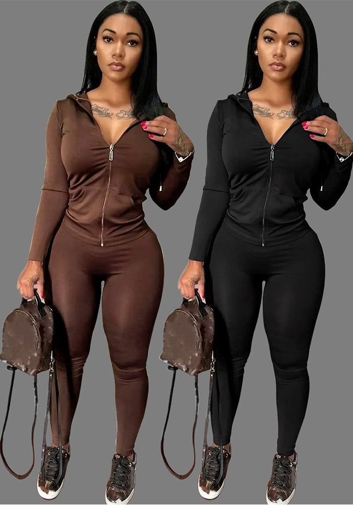 Autumn Winter Women's Fashion Trend Slim Zipper Hooded Top Trousers Tracksuit