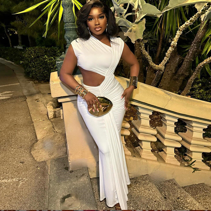 Women's Fashion Solid Color Slash Shoulder Sleeveless Ribbon Fishtail Chic Long Dress