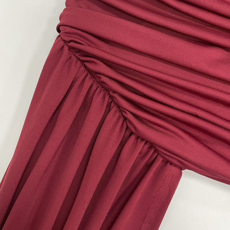 Women's Autumn Fashion Slim Fit Round Neck Long Sleeve Shirred Bodycon Irregular Ribbon Dress 37