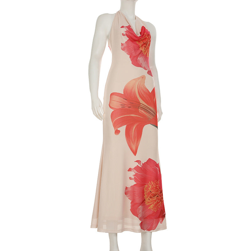 Women's sexy and elegant Holidays style printed contrasting color Halter Neck long dress 7