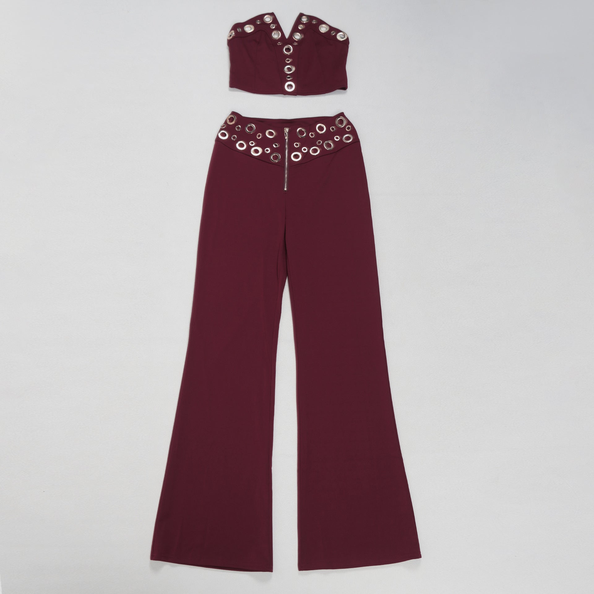 Women elegant elastic metal buckle decorated V-neck Top and Pants two-piece set 30