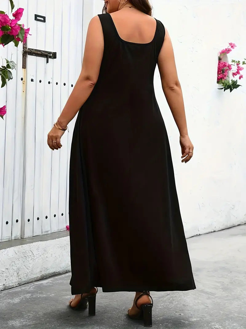 Plus Size Women Basics Sundress Solid Dress 3