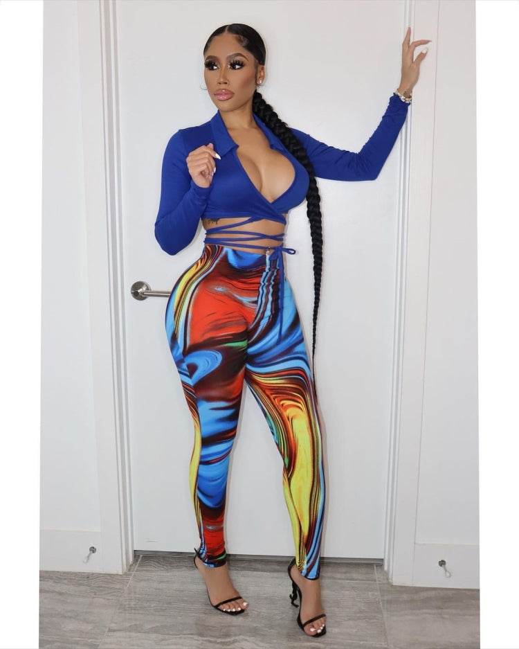 Fall Sexy Blue Turndown Collar Wrap Tied Long Sleeve Crop Top and Printed Tight Pants Set 6