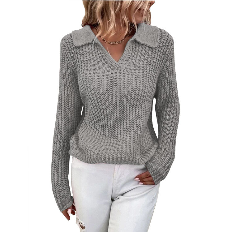Women Turndown Collar Round Neck Sweater 11