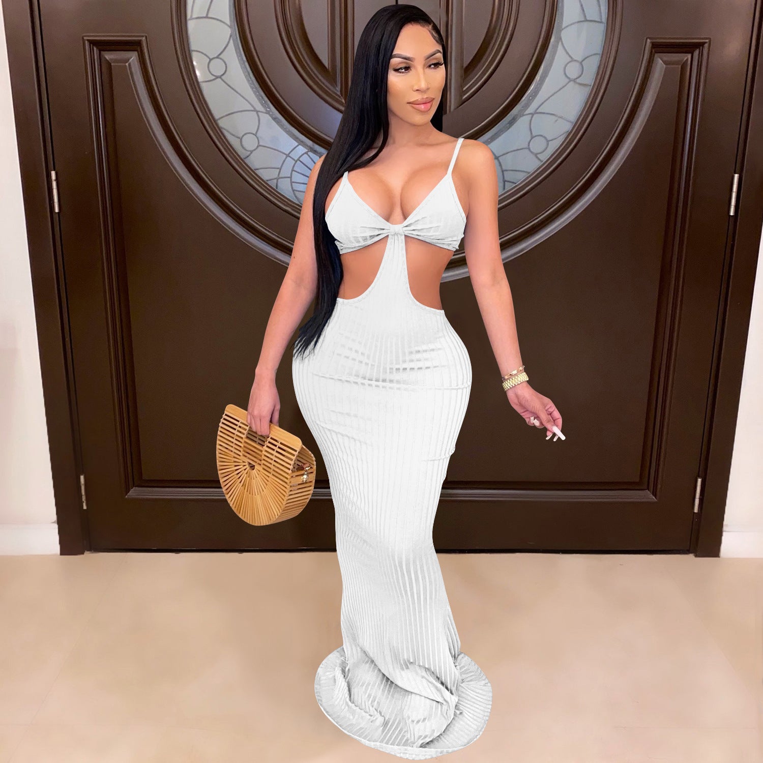 Sexy Knitted Strap Solid Color Dress for Women 11