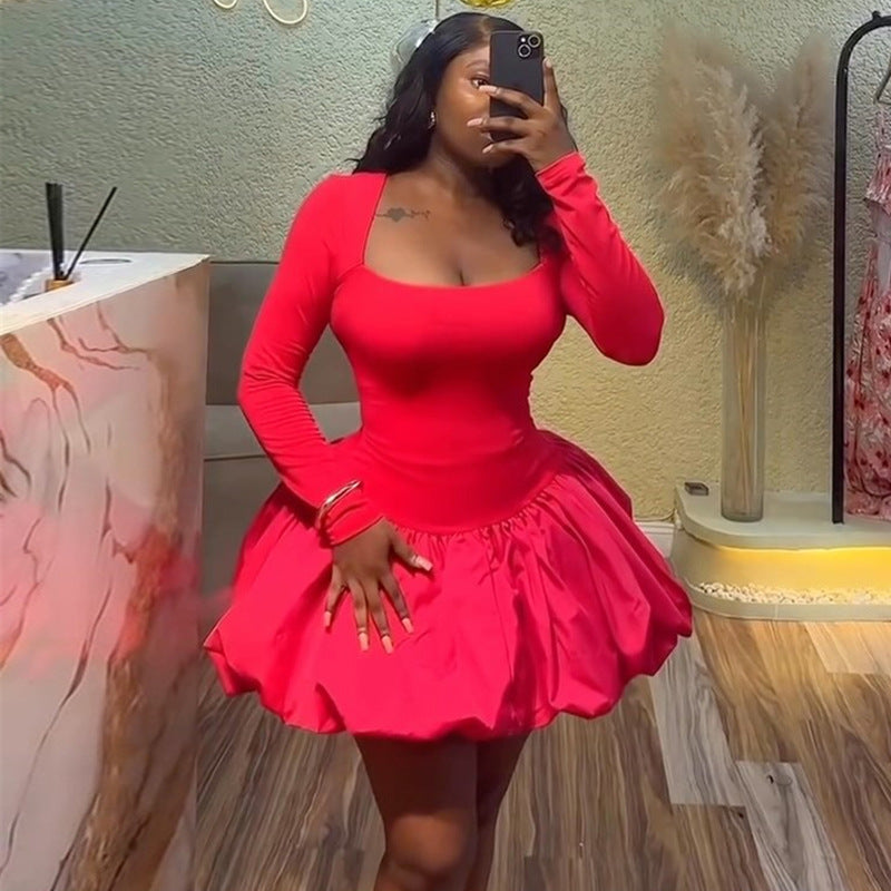 Women summer square neck solid long-sleeved flower bud dress 5