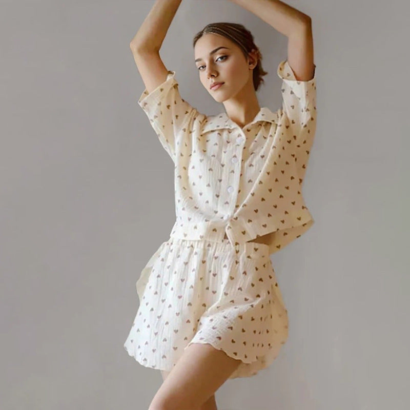 Spring Pajamas Women Double Crepe Cotton Heart Print Turndown Collar Half-Sleeve Shirt Slit Shorts Home Clothes 8