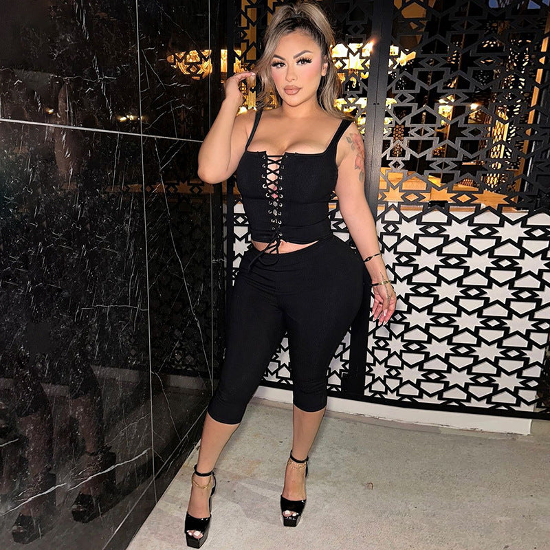 Women Autumn and Winter Lace-Up Top and Solid Shorts Two-Piece Set 3