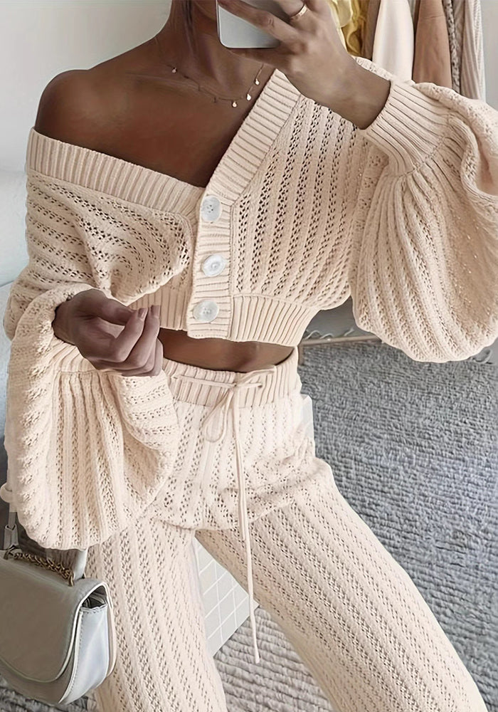 Knitting Suit Women's Casual Solid Color Sweater Cardigan High Waist Trousers Two-Piece Set