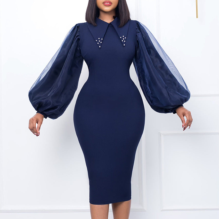 Women'S Spring Autumn Long Sleeve Plus Size Beaded Mesh Patchwork Career Bodycon Pencil Dress 4