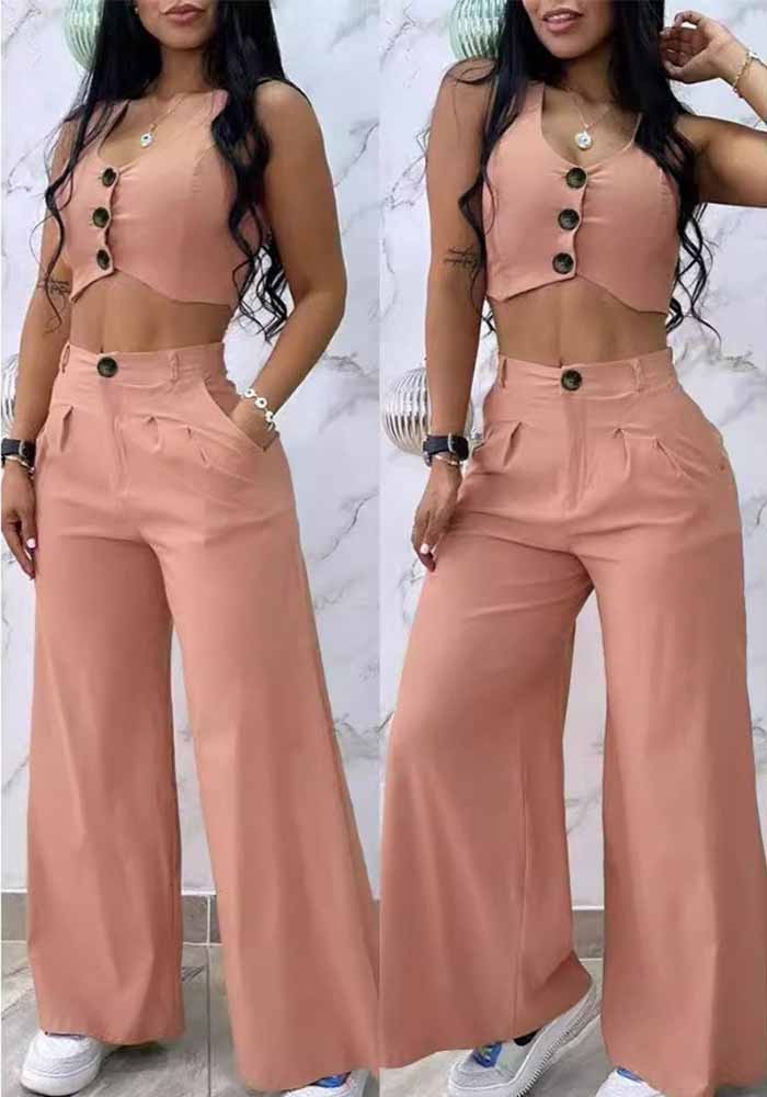 Women Solid vest and wide-leg pants two-piece set