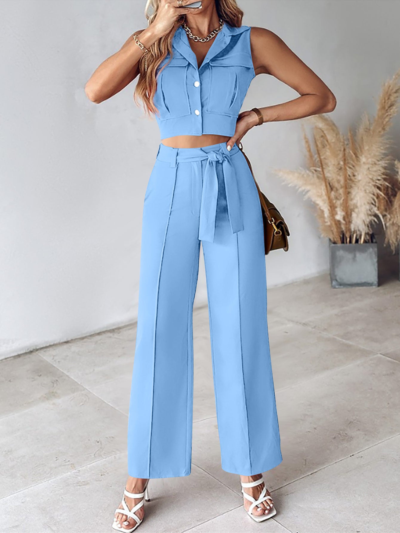 Women Casual Turndown Collar Vest and Pants Two Piece Set 6